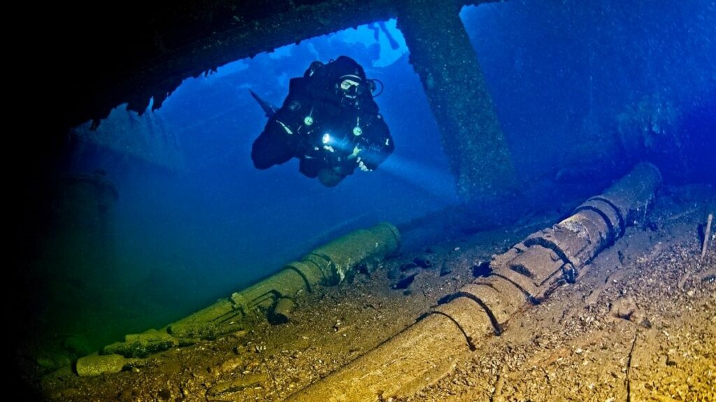 Rebreather diver inside Nippo Maru