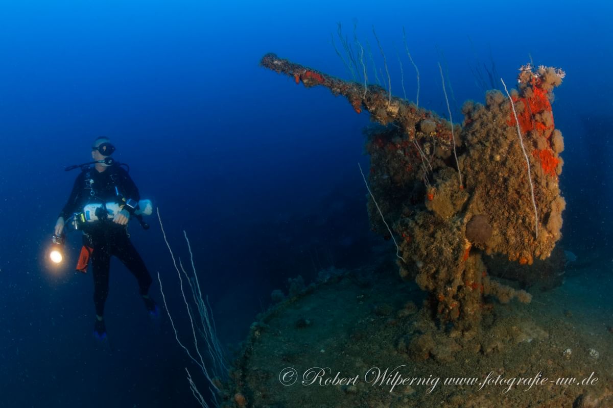 Diver next to a gun - Bikini Atoll