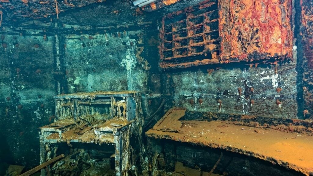 Desks, chairs and filing cabinets are still standing in the island of the Saratoga