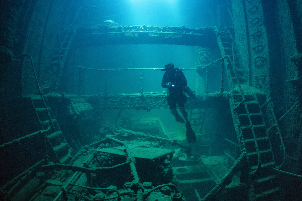 Engine room of the Shinkoku Maru flooded in natural light