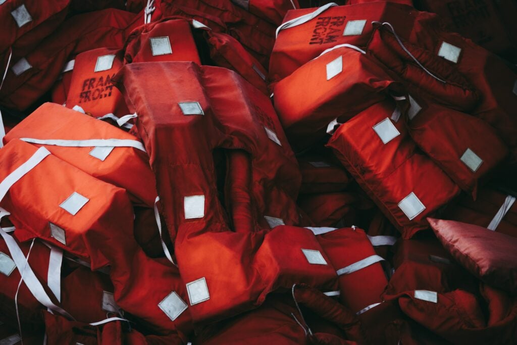 Life jackets pile used during muster drill