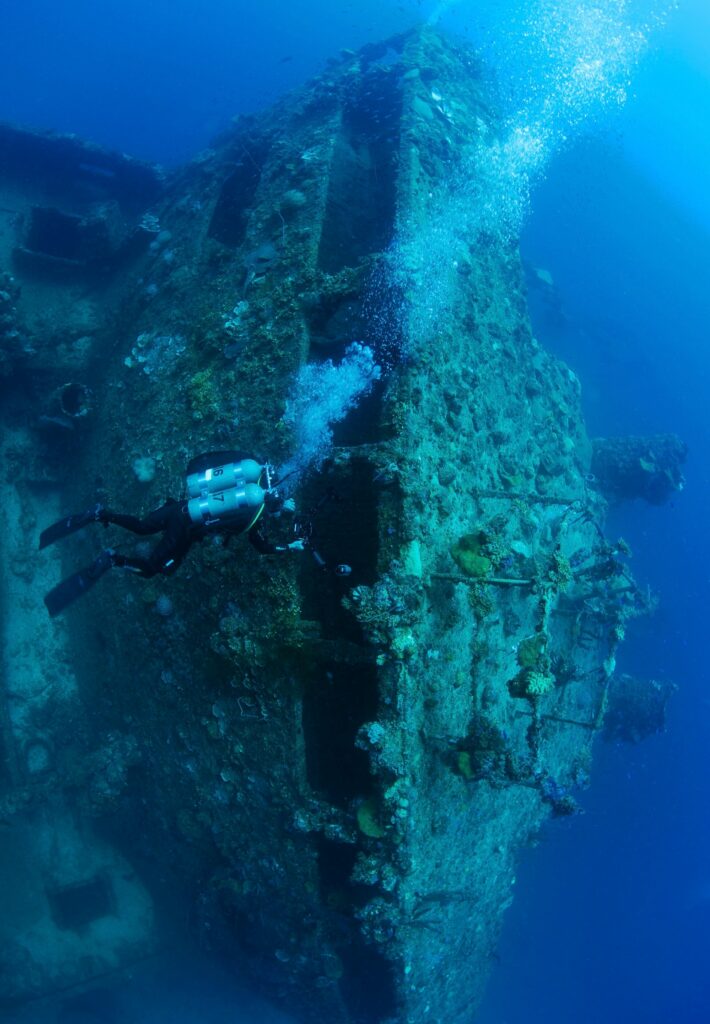 Tech diver on Nippo Maru bridge