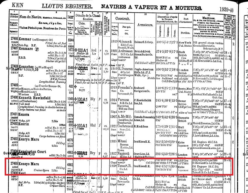 Llyod's regitrer extract showing Kensho Maru