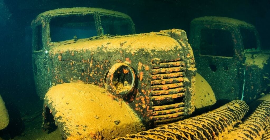 Trucks inside the Hoki Maru