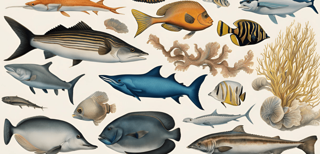 collage drawing of marine species