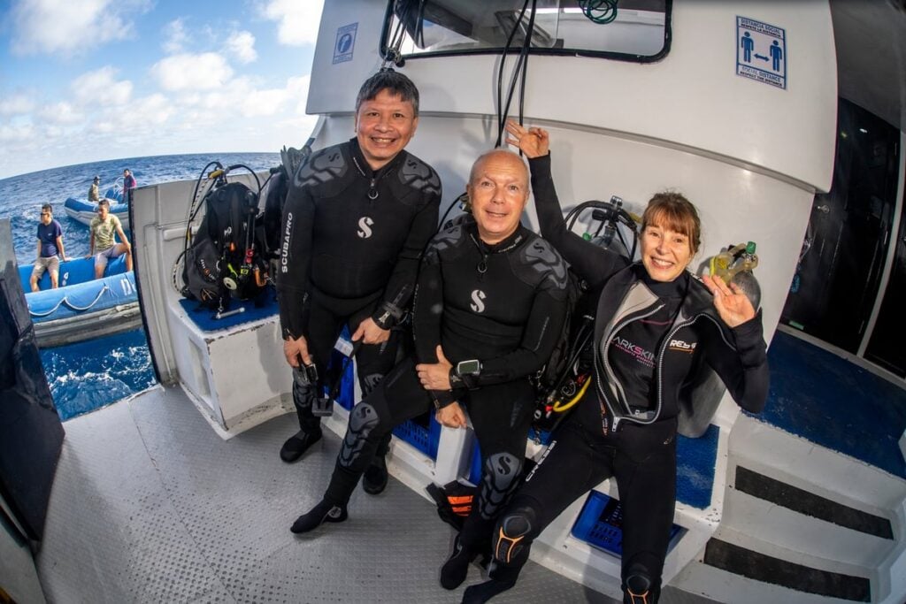 Divers prepare for the first dive of the trip aboard the Galapagos Master.