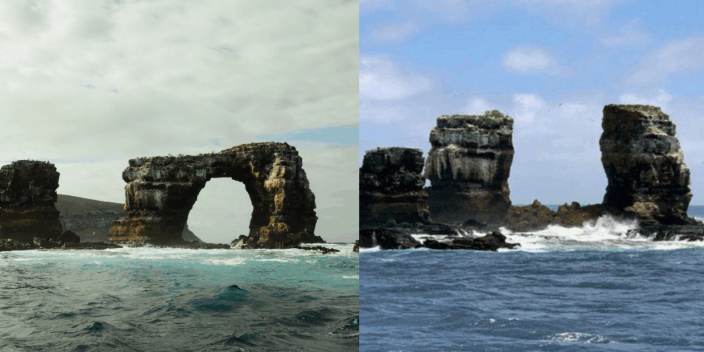 Before and after comparison of Darwin’s Arch in the Galápagos, showing the original arch and the two remaining rock towers after the 2021 collapse
