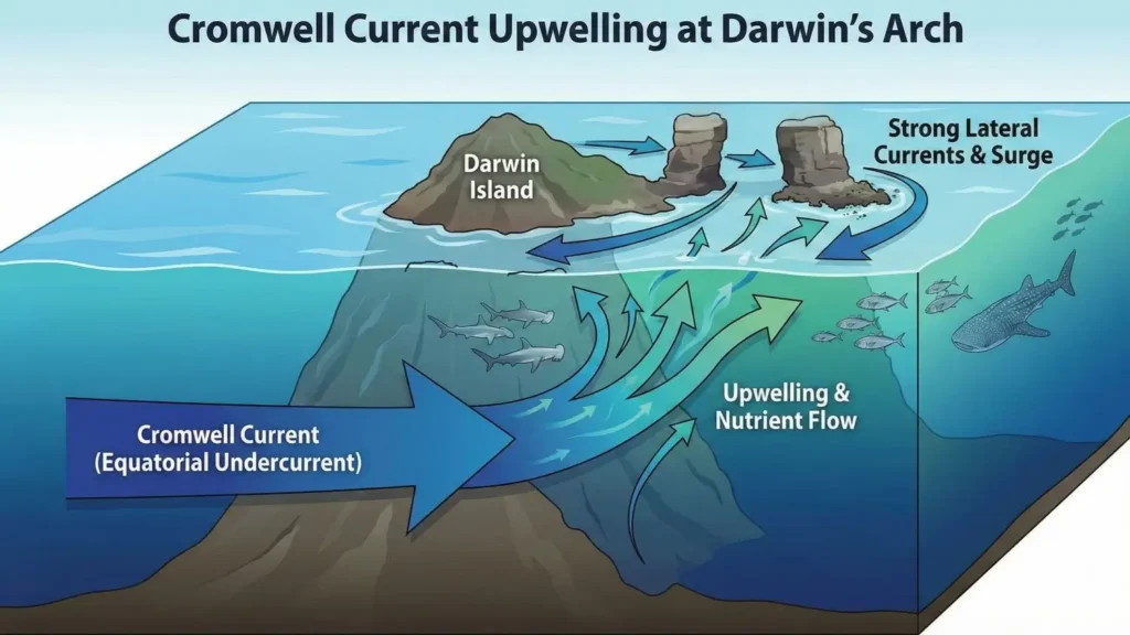 Infographic diagram illustrating the hydrodynamics at Darwin's Arch. It shows the deep Cromwell Current (Equatorial Undercurrent) hitting the island's vertical base to create nutrient-rich upwellings, strong lateral currents, and the surge conditions that attract hammerheads and whale sharks.
