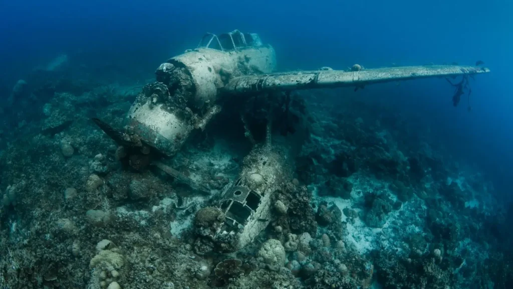 Scuba diver's view of the historic Jake Seaplane WWII wreck resting in clear shallow water in Palau.