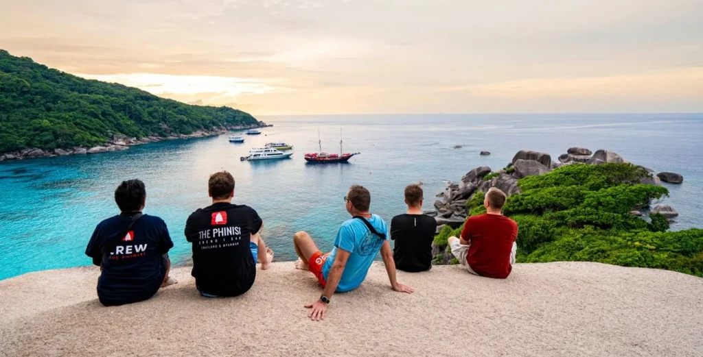 Group of friends and family enjoying a sunset during a shore excursion in Thailand on a liveaboard diving trip.