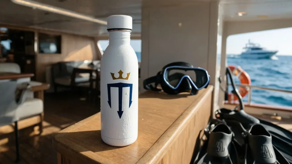 Close-up of a Master Liveaboards branded reusable water bottle on a boat deck, featuring the bar area and another vessel in the background.