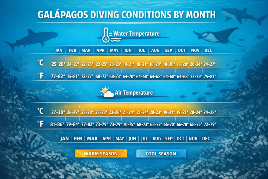 Galápagos diving conditions by month showing water and air temperatures in Celsius and Fahrenheit, with seasonal highlights, marine life icons including sharks, rays, and whales, and warm vs cool season indicators.