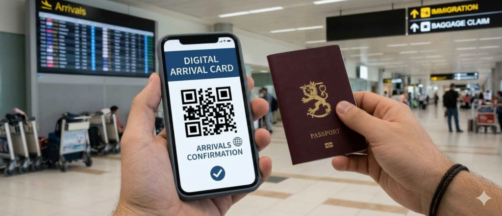 Traveller holding a phone showing a digital arrival card QR code alongside their passport at the airport