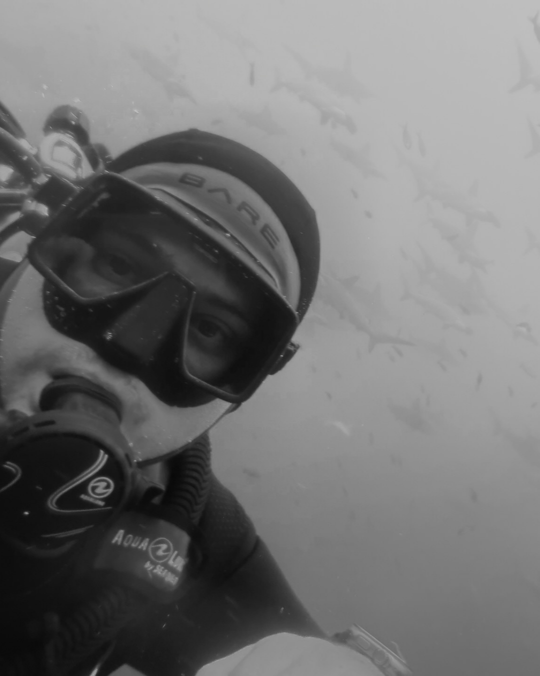 Scuba diver selfie with hammerhead sharks behind at Darwin Island, Galapagos
