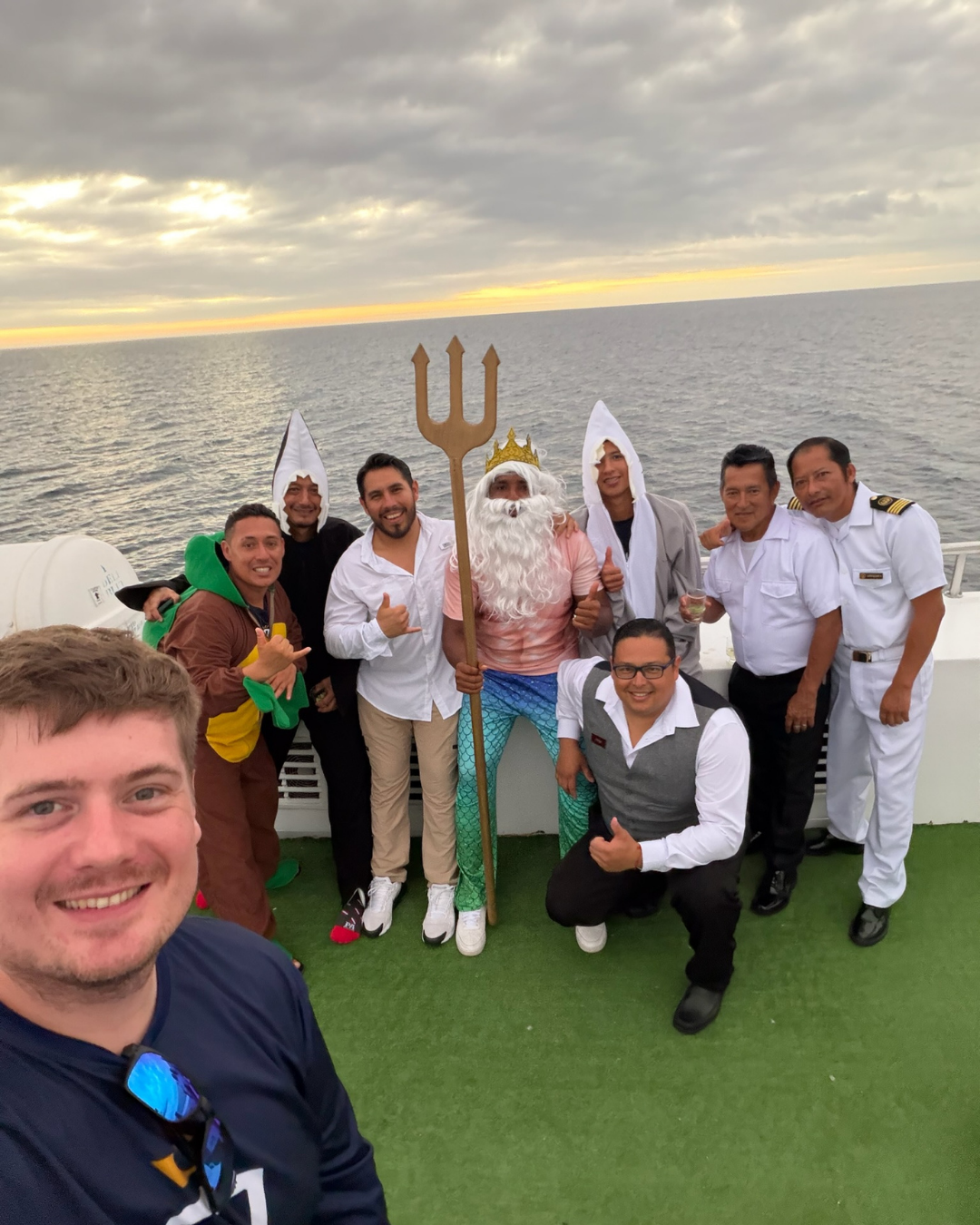 Line-crossing equator ceremony with Poseidon and crew aboard Galapagos Master
